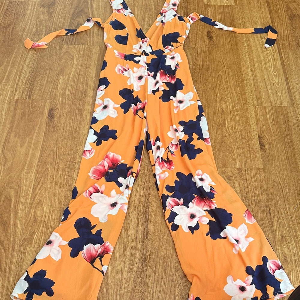 Lulu's Vibrant Floral Jumpsuit in Orange and Navy